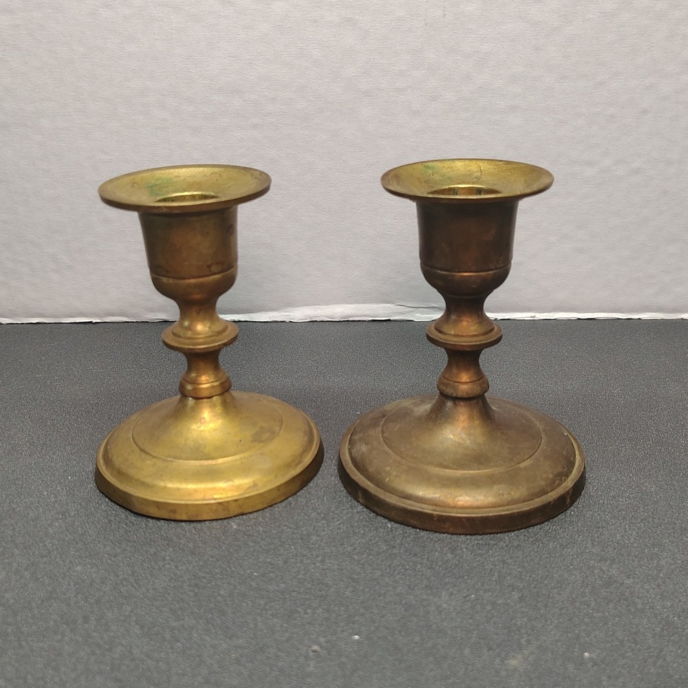Candlestick Holders Small Gold Brass Vintage Set of 2 India